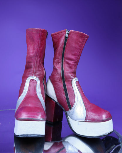 RARE Vintage 1970s Raspberry Silver and Cream Leather Platform Boots