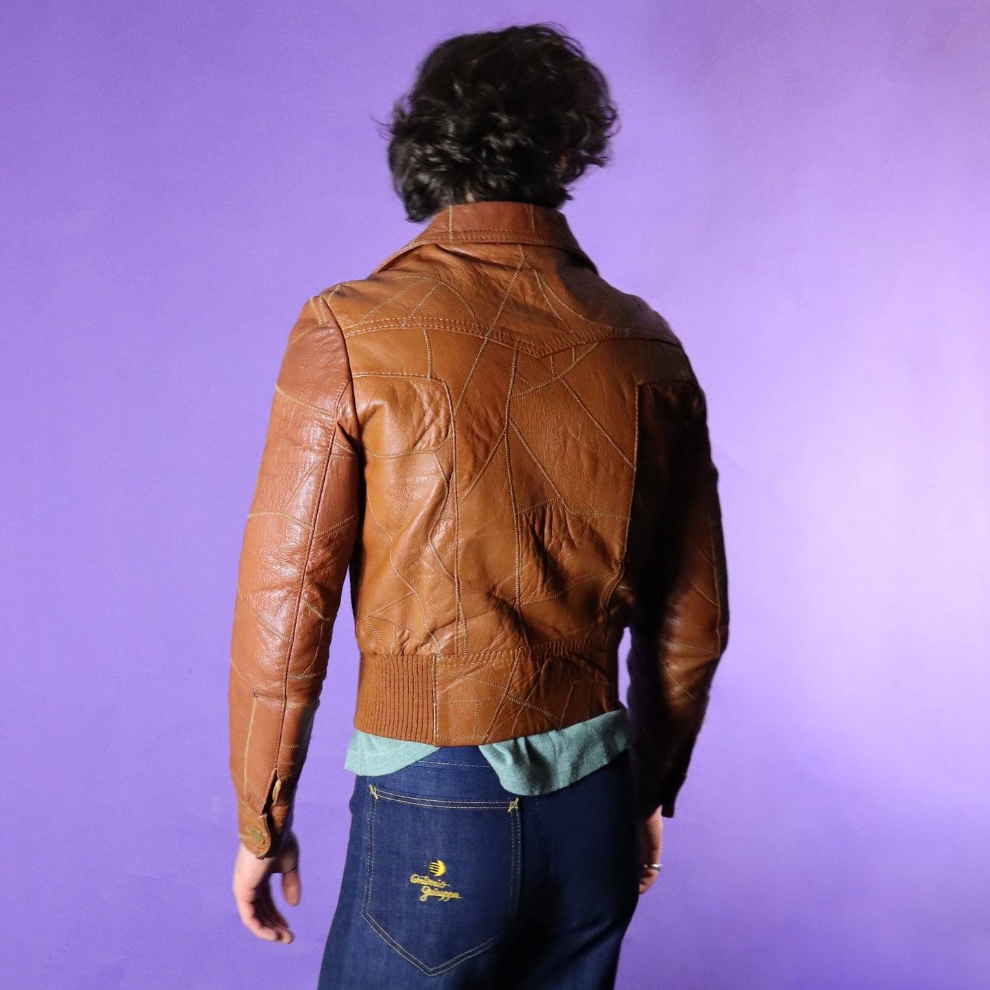 Vintage 1970s Patchwork Tan Leather Bomber Jacket