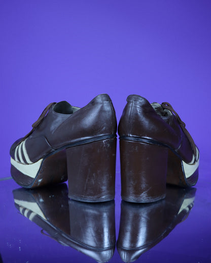 Vintage 1970s Star Burst Brown and Cream Platform Shoes