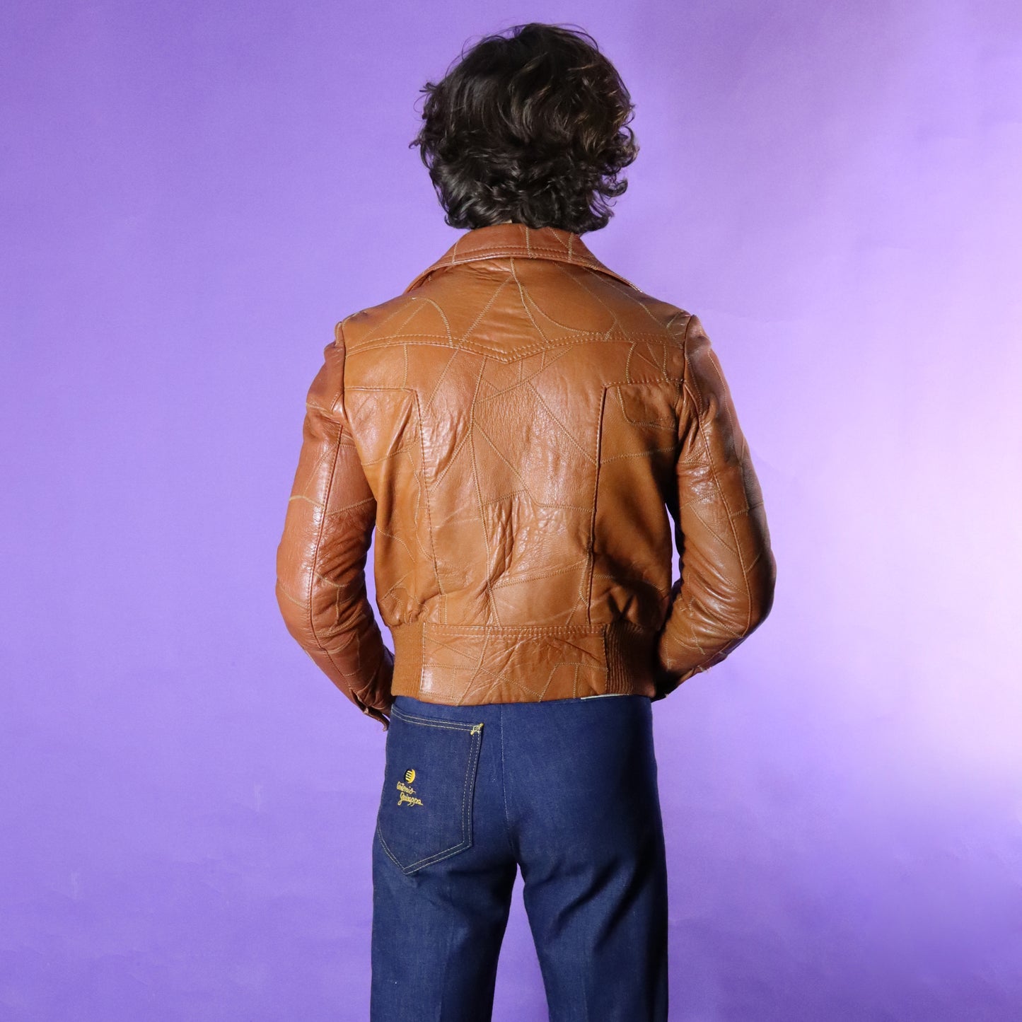 Vintage 1970s Patchwork Tan Leather Bomber Jacket