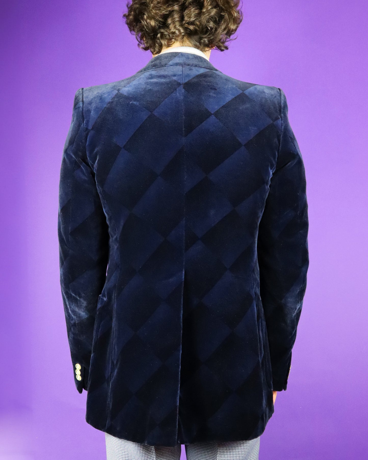 Vintage 1970s Midnight Blue Geometric Printed Velvet Blazer