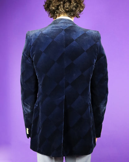 Vintage 1970s Midnight Blue Geometric Printed Velvet Blazer