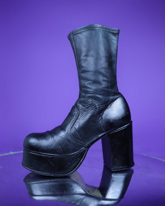 Vintage 1970s Black Leather Platform Boots