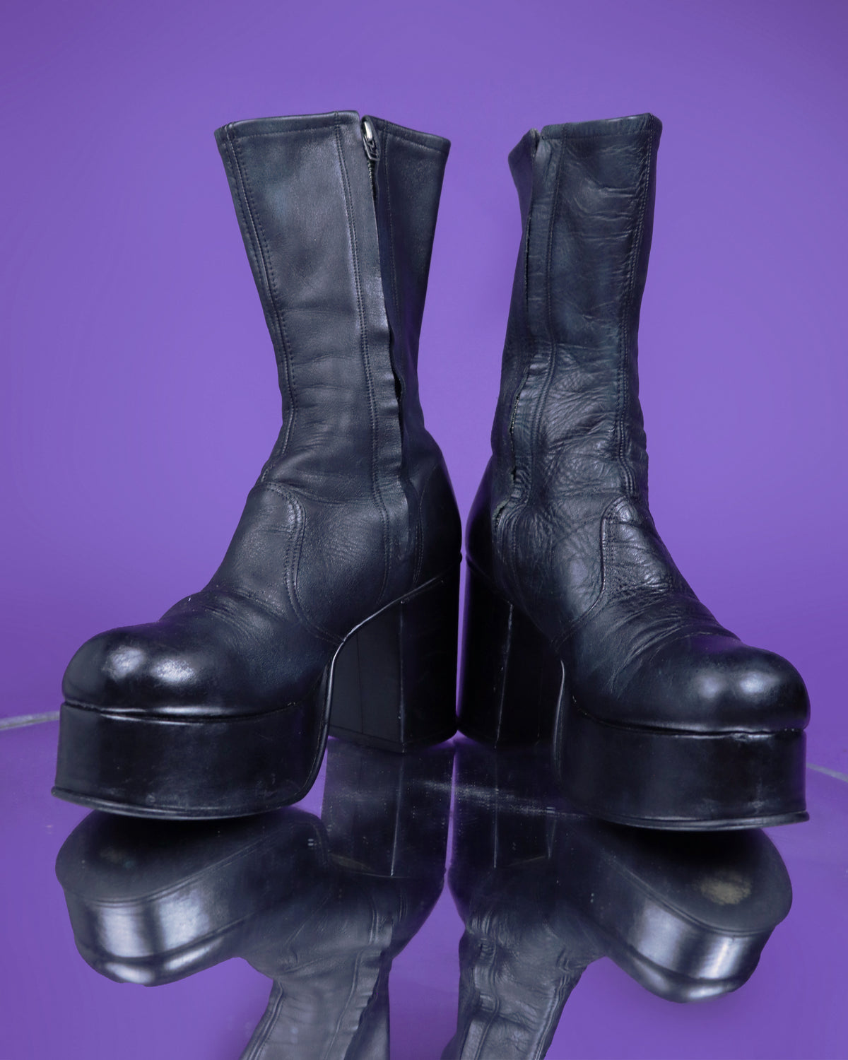 Vintage 1970s Black Leather Platform Boots