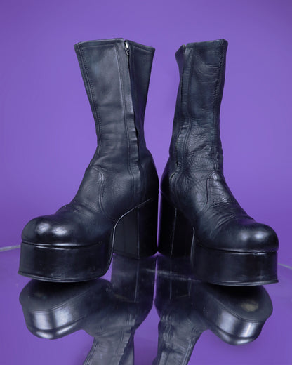 Vintage 1970s Black Leather Platform Boots
