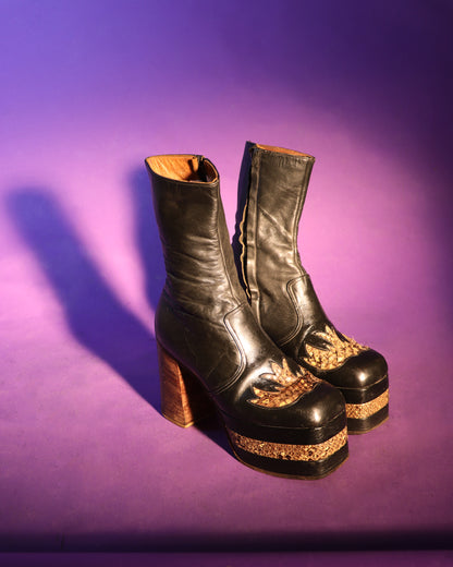RARE Vintage 1970s Platform Boots with Snakeskin Flames