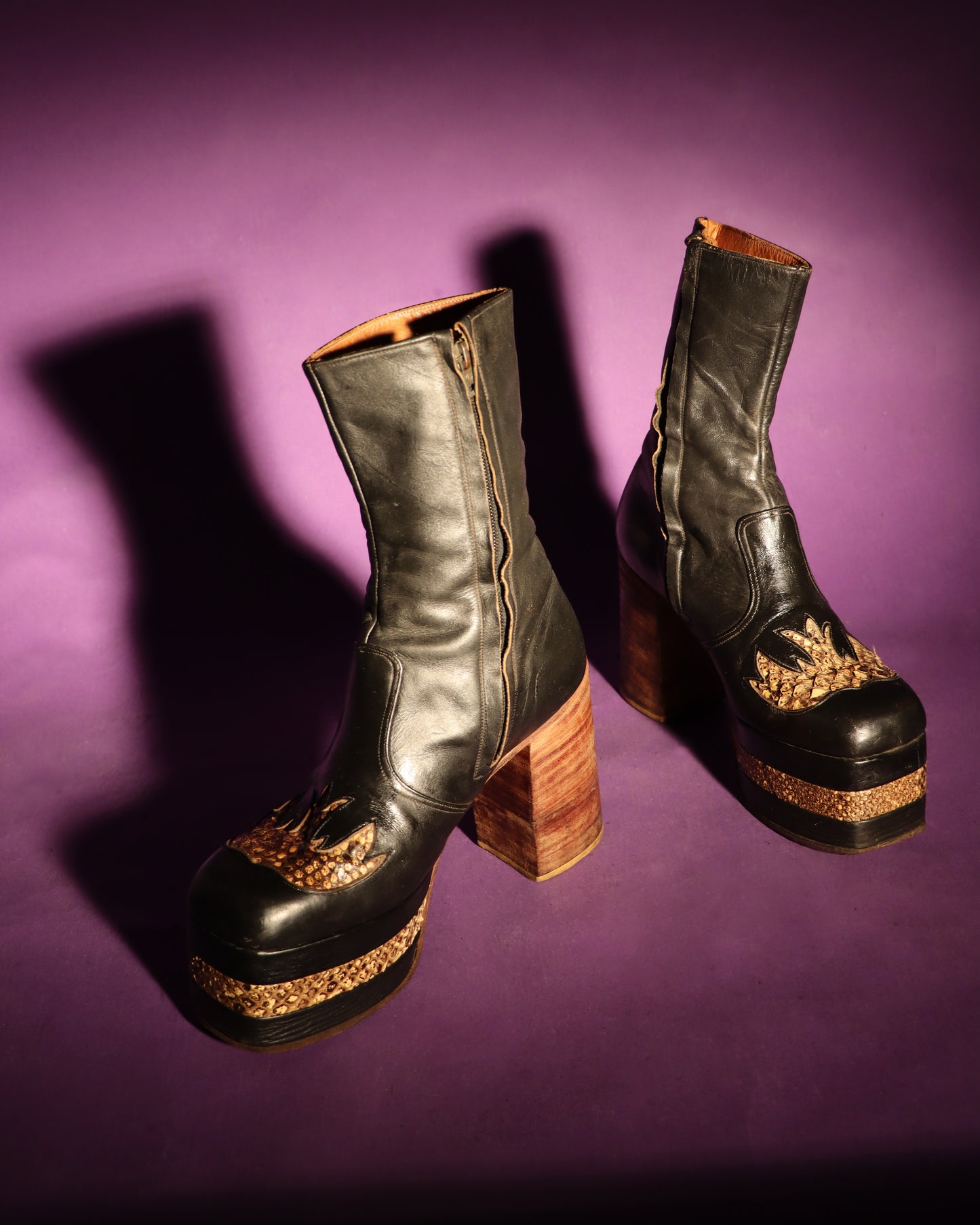 RARE Vintage 1970s Platform Boots with Snakeskin Flames