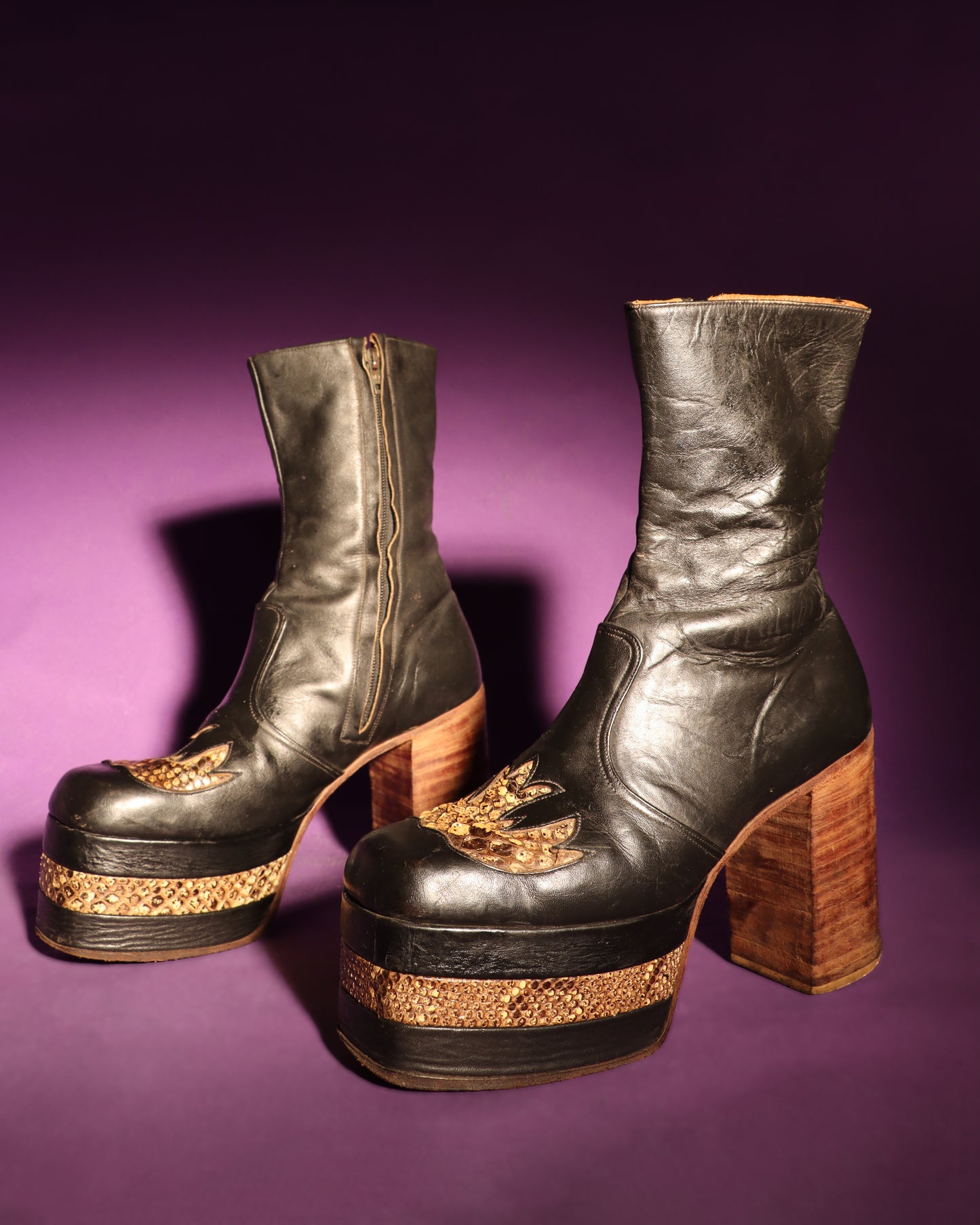 RARE Vintage 1970s Platform Boots with Snakeskin Flames