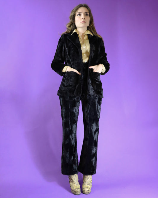 Vintage 1970s Black Faux Fur / Crushed Velvet Panther Suit