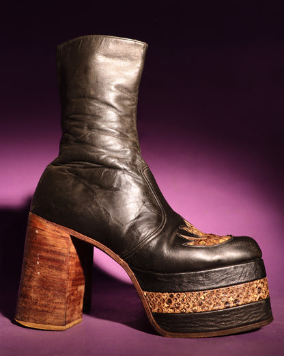 RARE Vintage 1970s Platform Boots with Snakeskin Flames