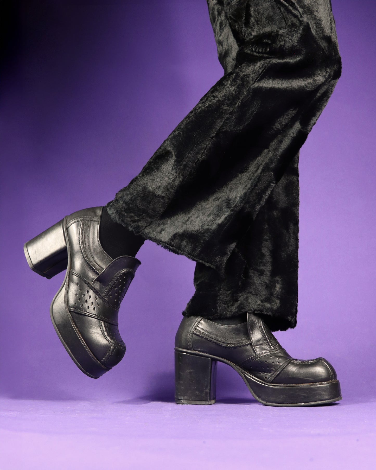 Vintage 1970s Black Leather Platform Mules