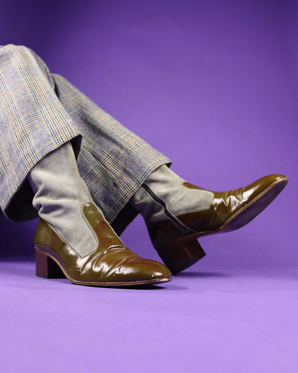 Vintage 1970s Suede and Patent Leather Stacked Heel Boots 