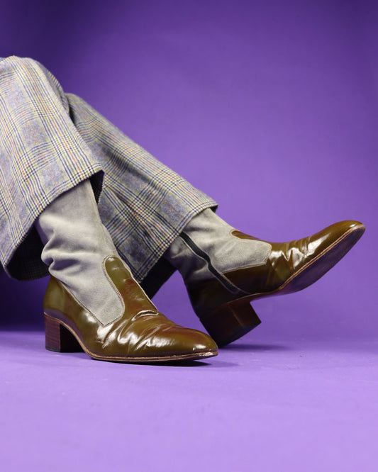 Vintage 1970s Suede and Patent Leather Stacked Heel Boots