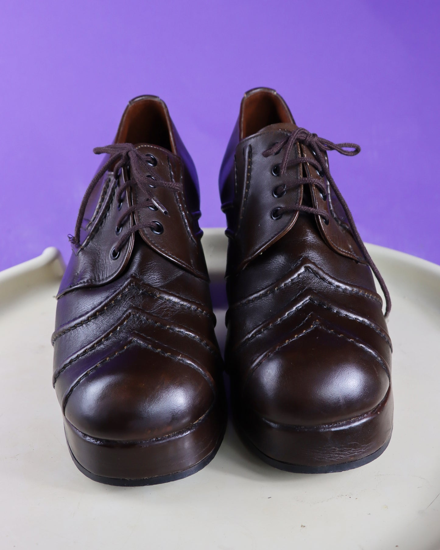 Vintage 1970s Brown Leather Arrow Panelled Platform Shoes