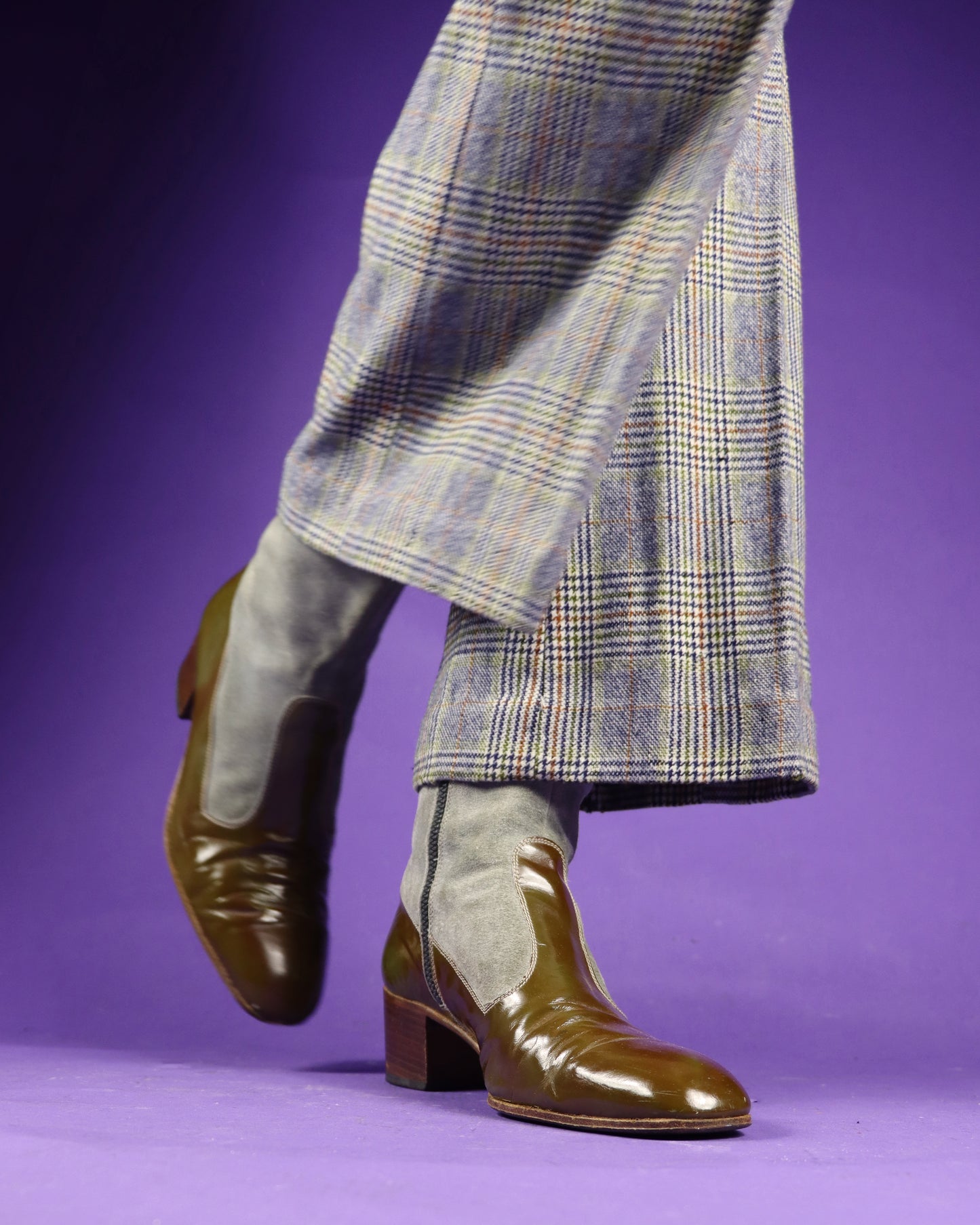 Vintage 1970s Suede and Patent Leather Stacked Heel Boots