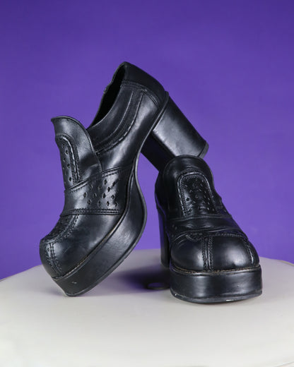 Vintage 1970s Black Leather Platform Mules