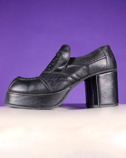 Vintage 1970s Black Leather Platform Mules