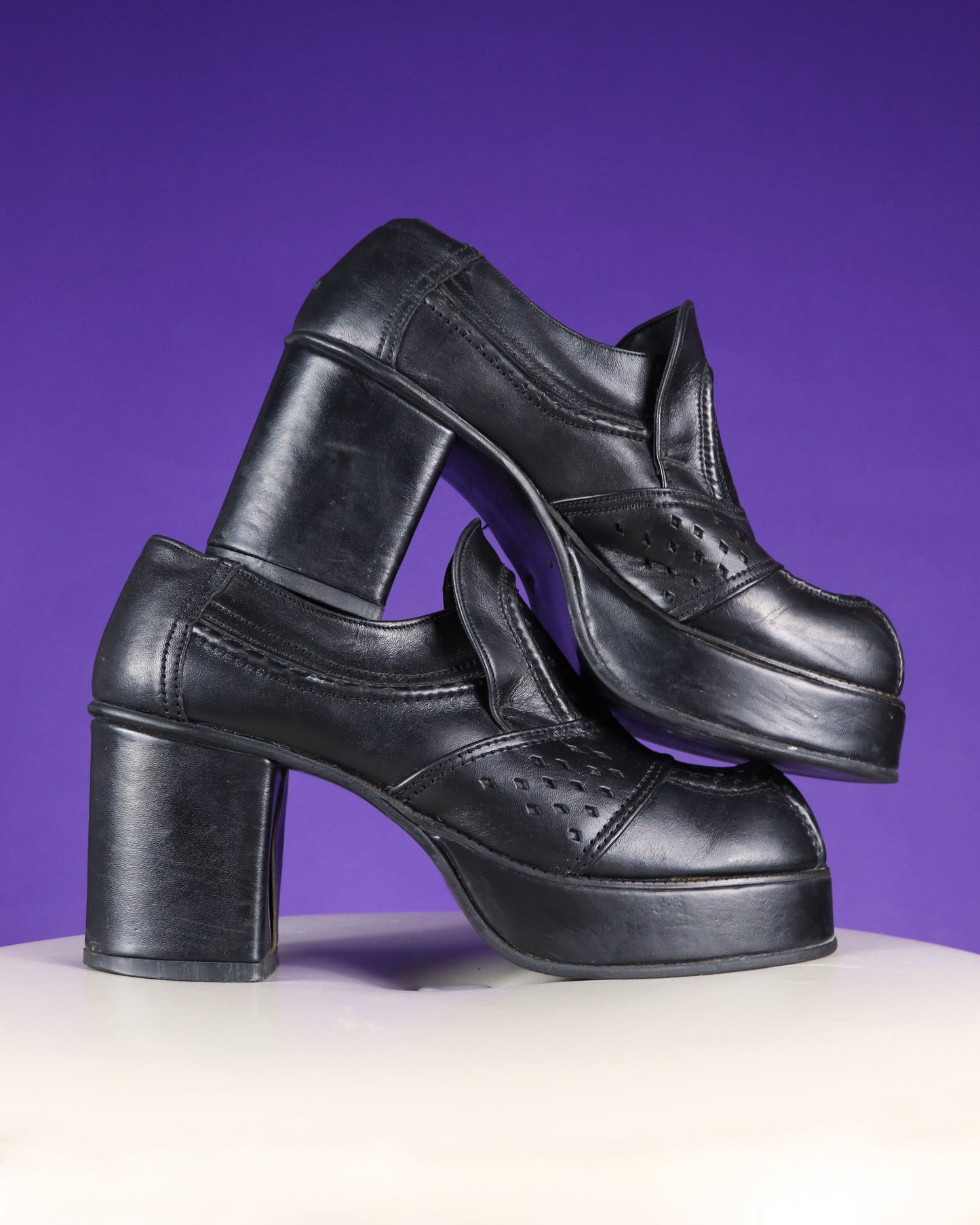 Vintage 1970s Black Leather Platform Mules