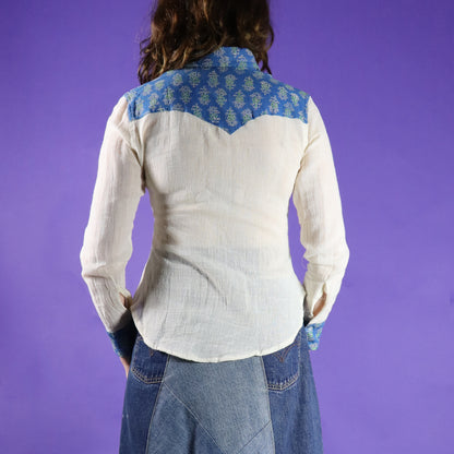 Deadstock Vintage 1970s Indian Block Print Dagger Collar Cheesecloth Shirt Blue
