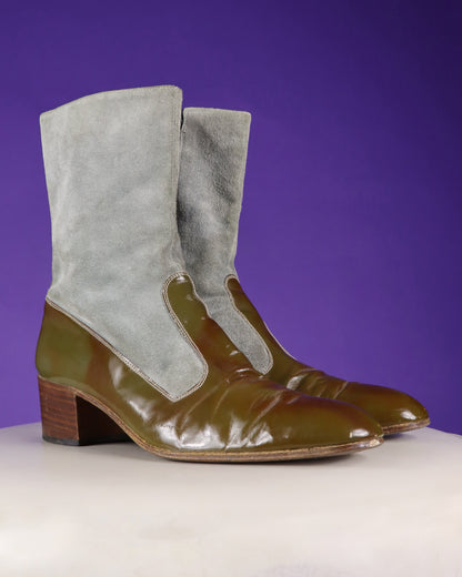 Vintage 1970s Suede and Patent Leather Stacked Heel Boots