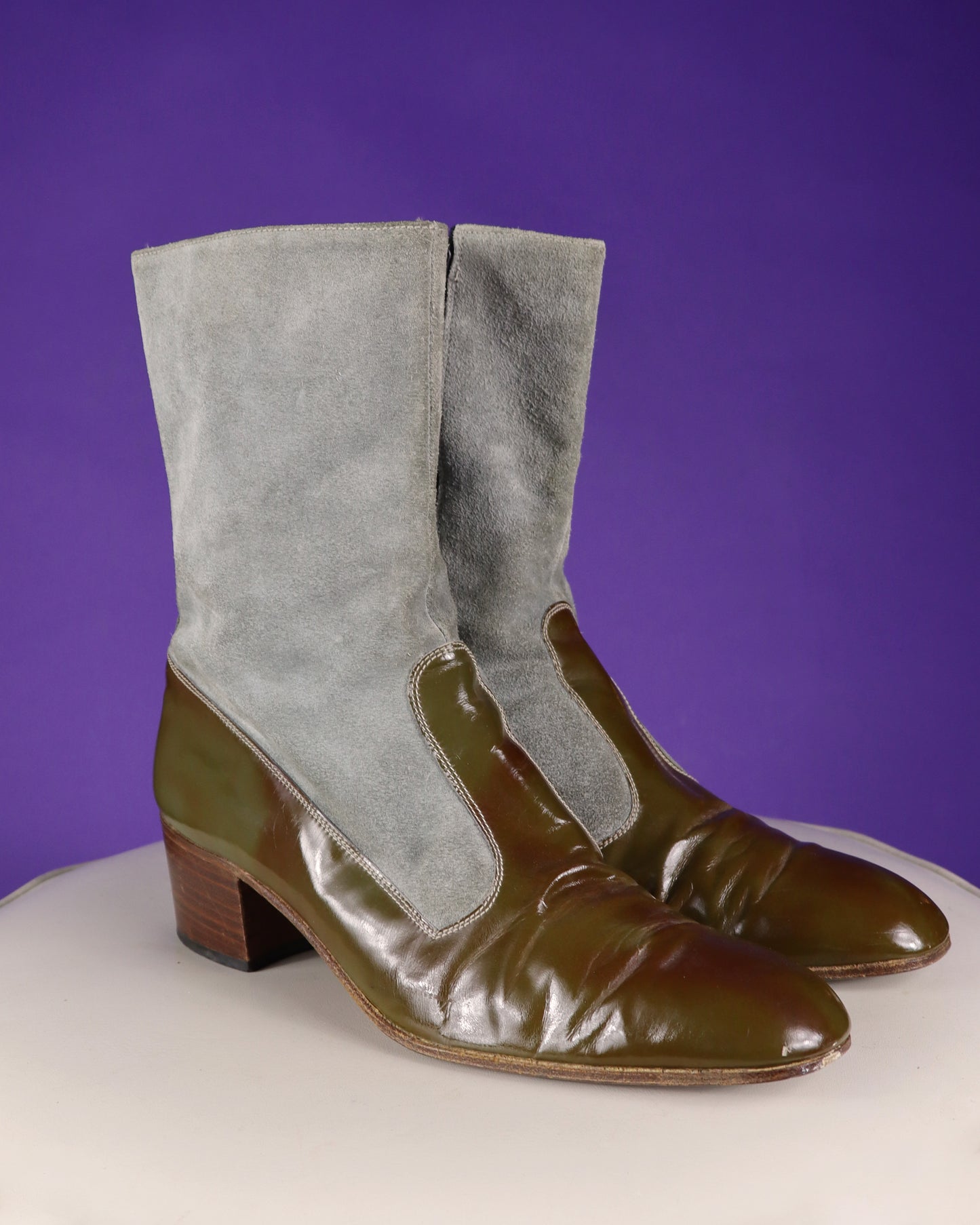 Vintage 1970s Suede and Patent Leather Stacked Heel Boots