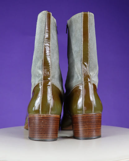 Vintage 1970s Suede and Patent Leather Stacked Heel Boots