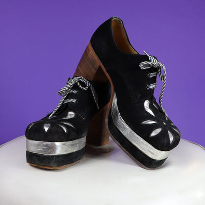 Vintage 1970s Sun Ray Black Suede Platform Shoes