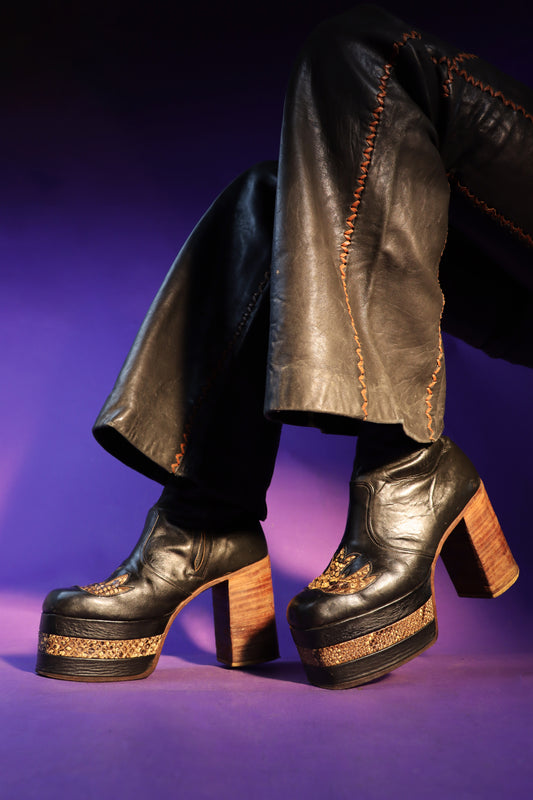 RARE Vintage 1970s Platform Boots with Snakeskin Flames