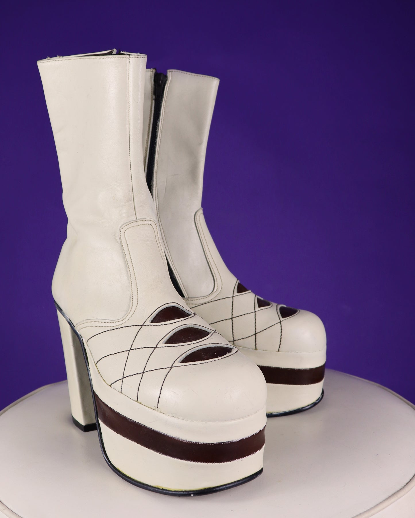 Vintage 1970s Cream and Brown Mega Stack Platform Boots