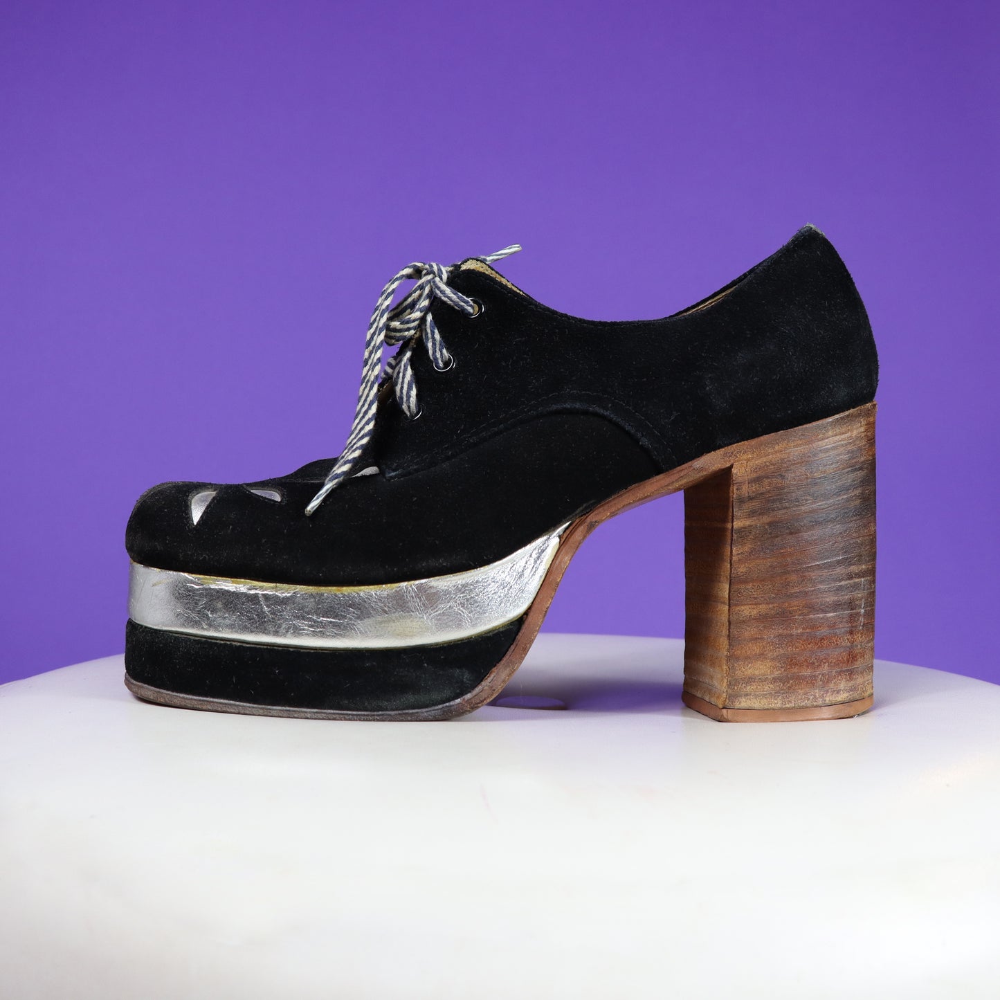 Vintage 1970s Sun Ray Black Suede Platform Shoes