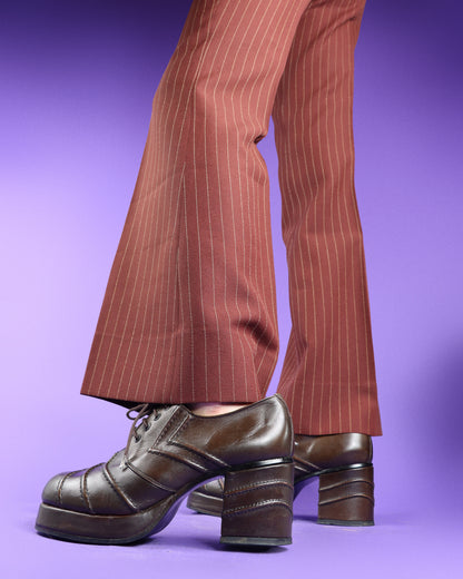 Vintage 1970s Brown Leather Arrow Panelled Platform Shoes