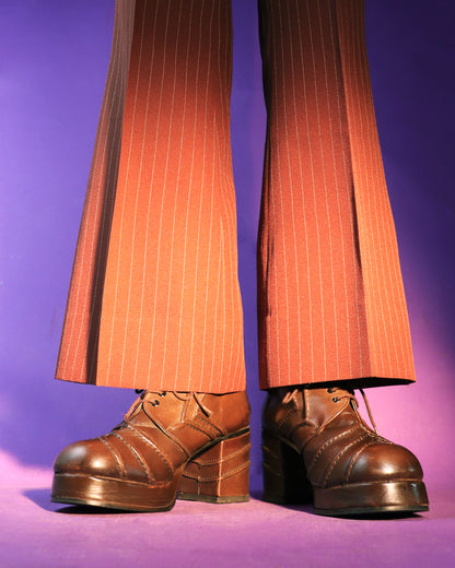 Vintage 1970s Brown Leather Arrow Panelled Platform Shoes