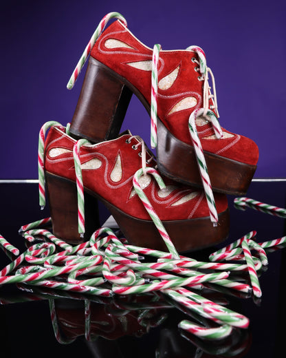 RARE Vintage Nunn Bush Glitter Red Suede Platform Shoes