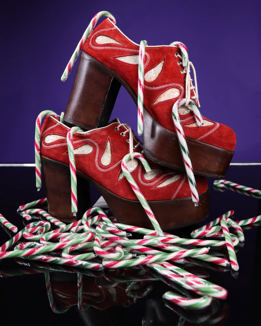 RARE Vintage Nunn Bush Glitter Red Suede Platform Shoes