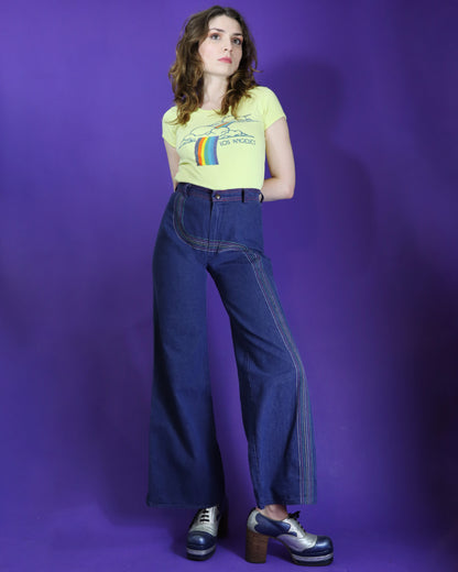 Vintage 1970s Rainbow Stitch Denim Flares