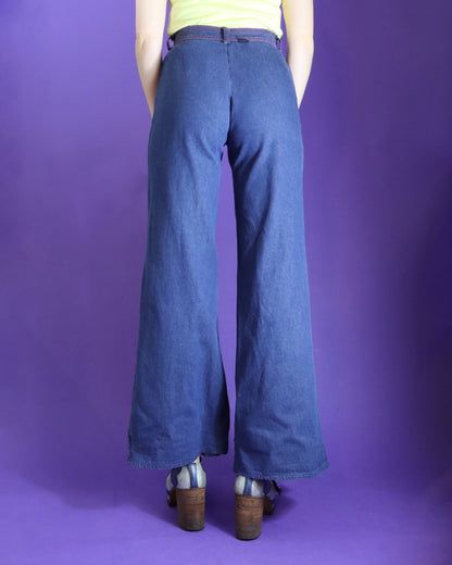 Vintage 1970s Rainbow Stitch Denim Flares