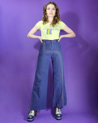 Vintage 1970s Rainbow Stitch Denim Flares