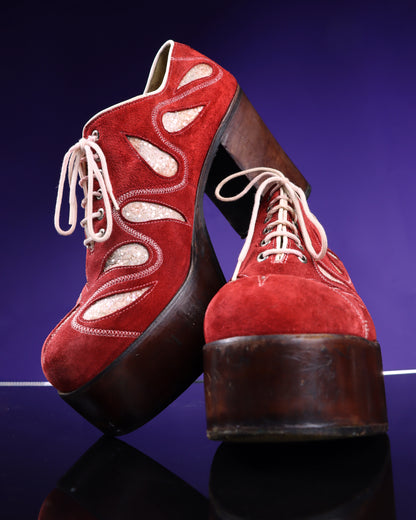 RARE Vintage Nunn Bush Glitter Red Suede Platform Shoes