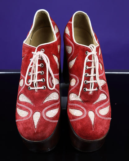 RARE Vintage Nunn Bush Glitter Red Suede Platform Shoes