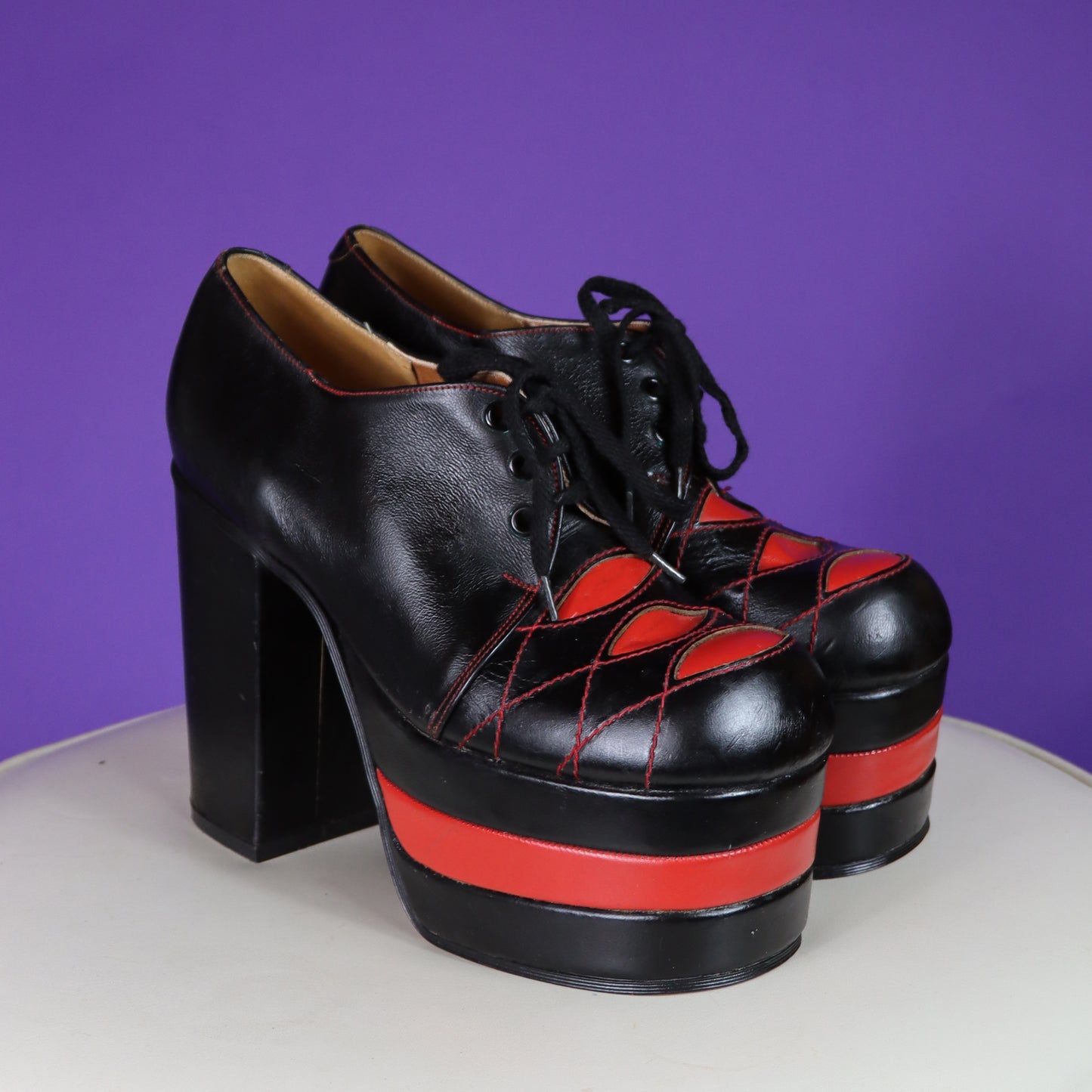 Vintage 1970s Black and Red Triple Helix Platform Shoes