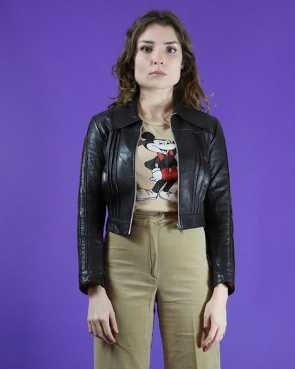 Vintage 1970s Dark Brown Leather Cropped Bomber Jacket