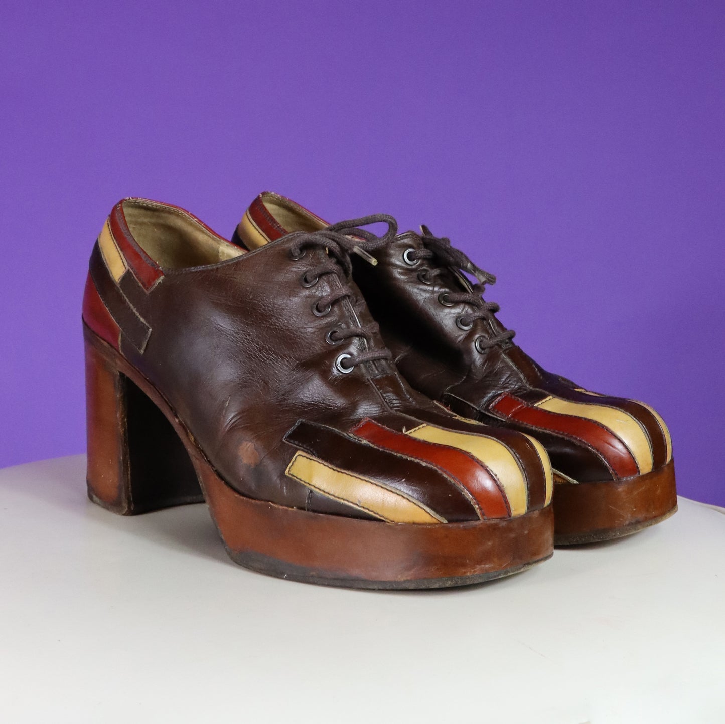 Vintage 1970s Patchwork Leather Platform Shoes UK 7