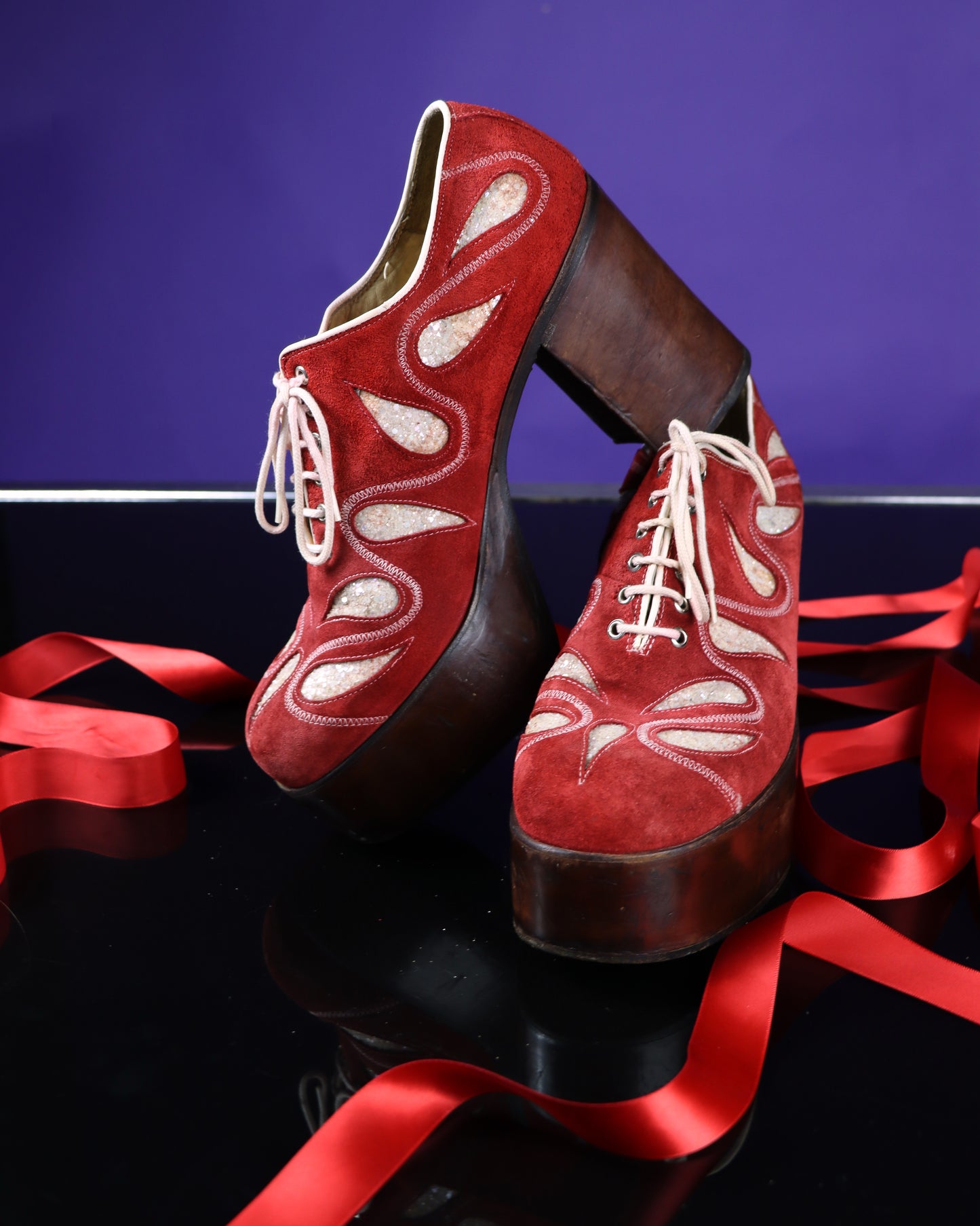 RARE Vintage Nunn Bush Glitter Red Suede Platform Shoes