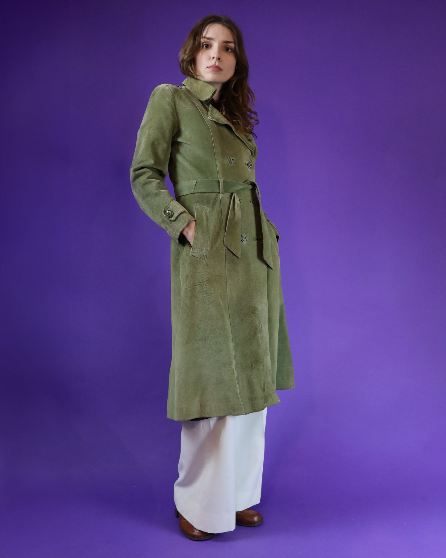 Vintage 1970s Green Suede Trench Coat