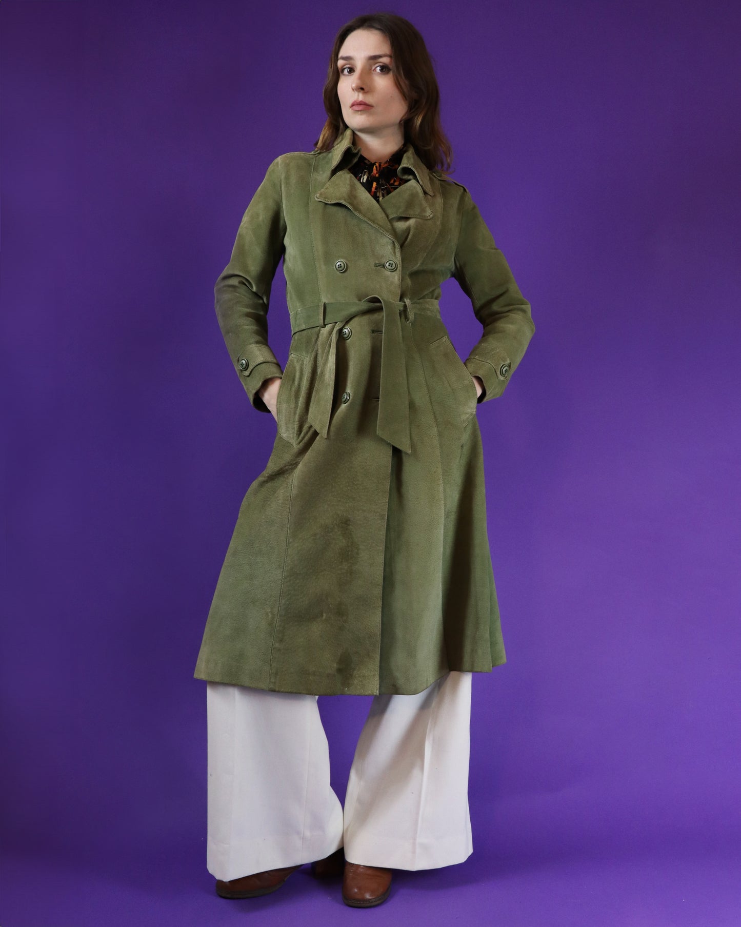 Vintage 1970s Green Suede Trench Coat