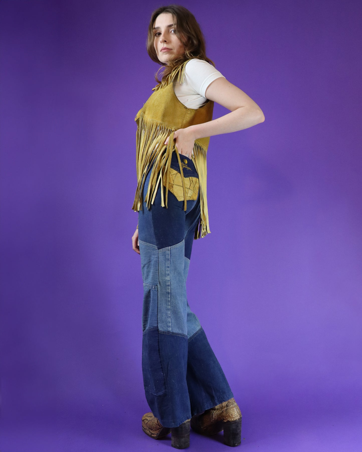 Vintage 1970s Antonio Guiseppe Patchwork Denim Flares with Logo Pocket