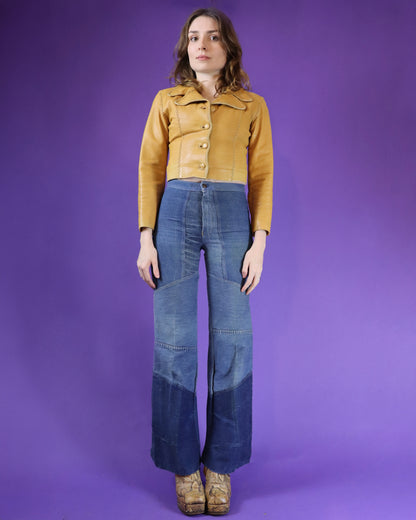 Vintage 1970s Antonio Guiseppe Patchwork Denim Flares with Logo Pocket