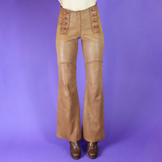 Vintage 1970s North Beach Leather Camel Whipstitch Flares