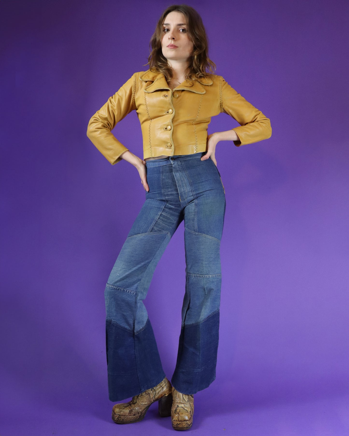 Vintage 1970s Antonio Guiseppe Patchwork Denim Flares with Logo Pocket