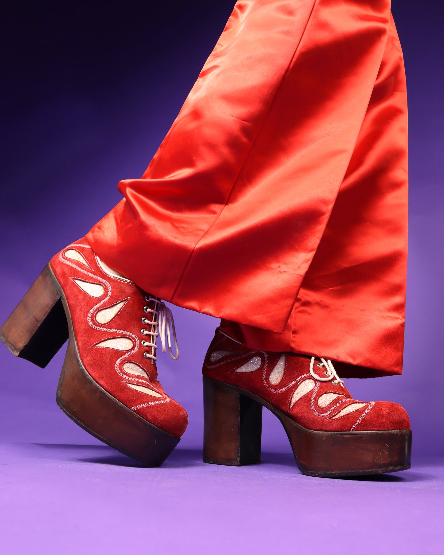 RARE Vintage Nunn Bush Glitter Red Suede Platform Shoes